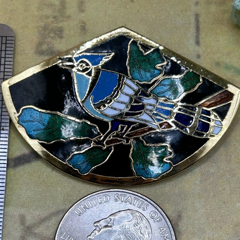 True Vintage Blue Jay BlueJay Bird Brooch Blue Black Pin Gold Tone
